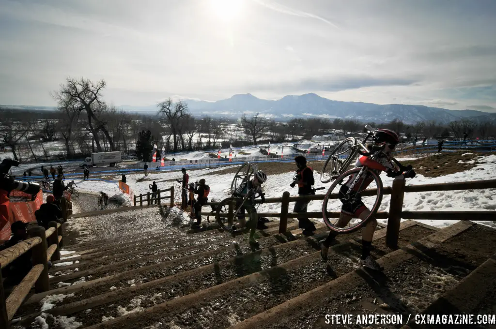 The women make their way up the stairs in the singlespeed race. © Steve Anderson