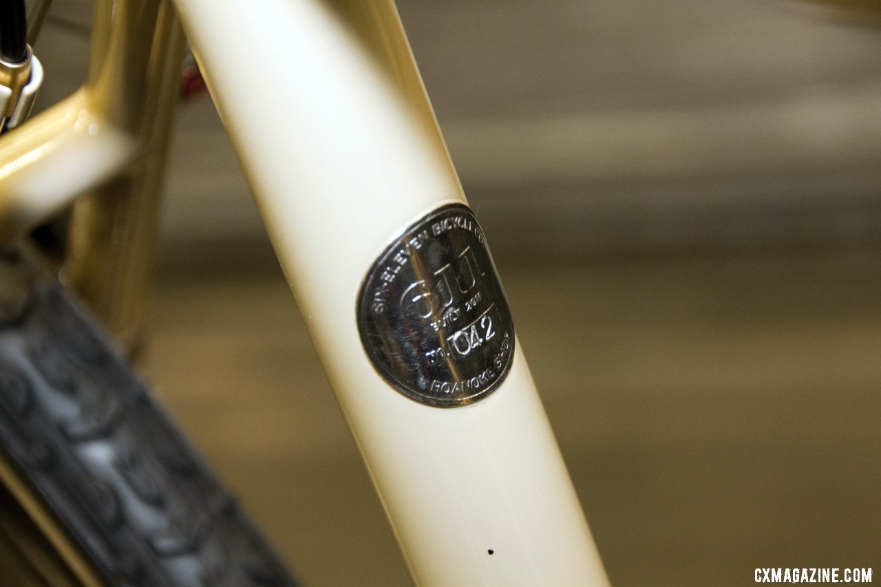 The brass-colored theme continues with the seat tube branding, complete with build year and location. Six Eleven Bicycle Co.\'s Best Cyclocross Bike at NAHBS 2012. ©Cyclocross Magazine