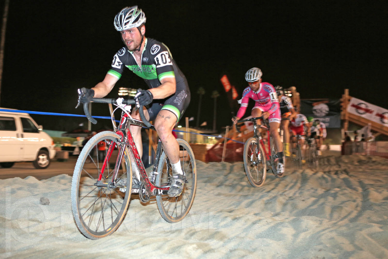  Canadian Mark McConnell (Synergy) led a few laps early in the Men’s Elite race at Spooky Cross. At this point he’s got Tobin Ortenblad (Cal Giant), Mike Sherer (Optum) and the rest of the lead group in tow through the sand pit. © Phil Beckman/PB Creative/pbcreative.smugmug.com