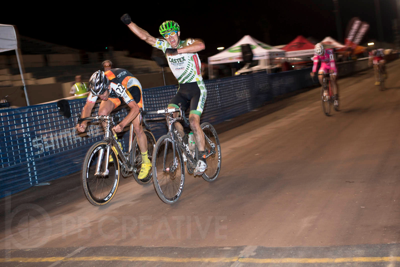 Chris Jackson (Castex Racing p/b Felt) misjudged the finish and lifted his arms in celebration, only to have Mike Sherer (Optum p/b Kelly Benefit Strategies) duck under his right elbow and execute a perfect bike throw to nip Jackson at the line. © Phil Beckman/PB Creative/pbcreative.smugmug.com