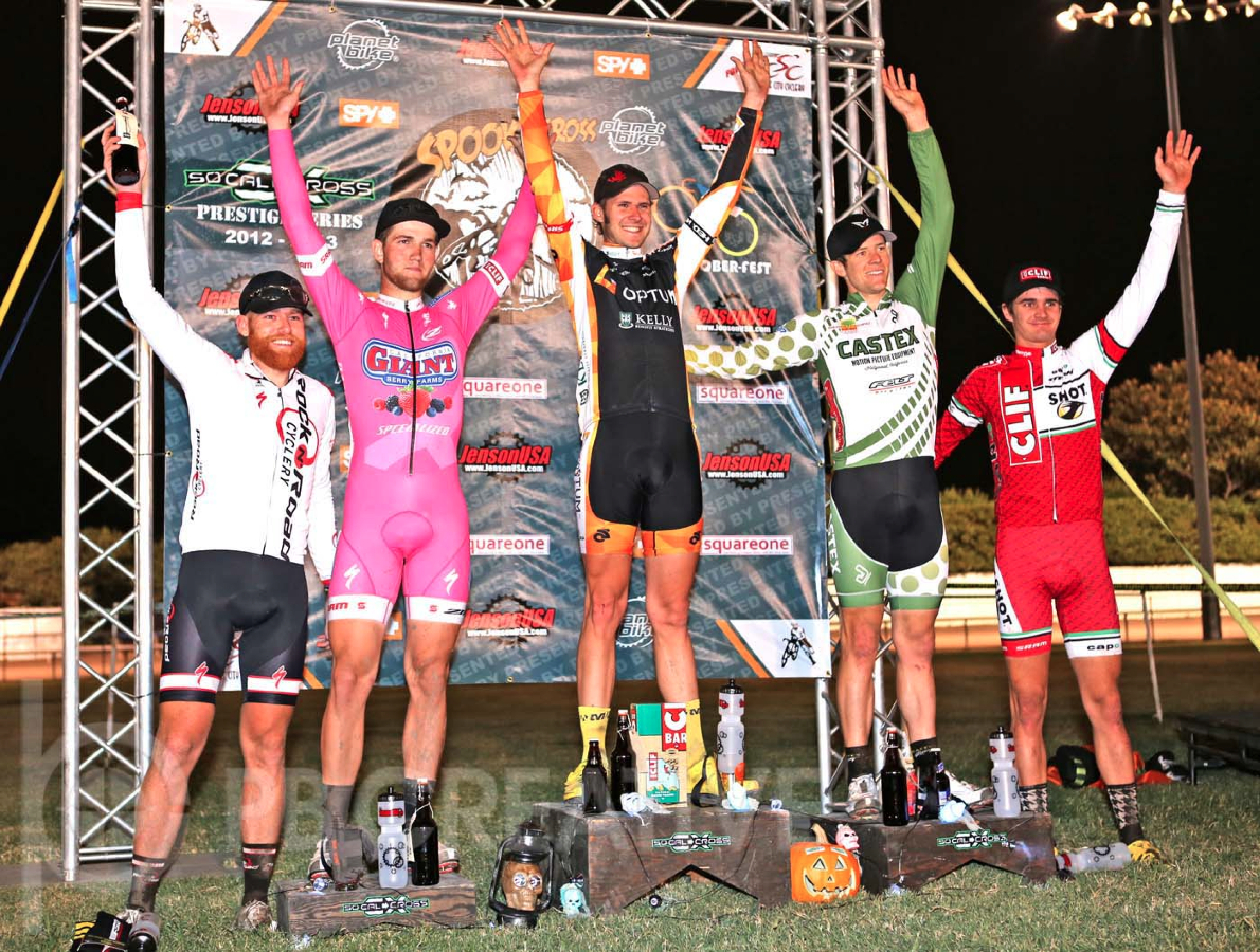 The Spooky Cross Men’s Elite podium, left to right: Brandon Gritters (Rock n Road, 5th), Tobin Ortenblad (Cal Giant, 3rd), Mike Sherer (Optum, 1st), Chris Jackson (Castex, 2nd) and Mitchell Hoke (Clif Bar, 4th).© Phil Beckman/PB Creative/pbcreative.smugmug.com