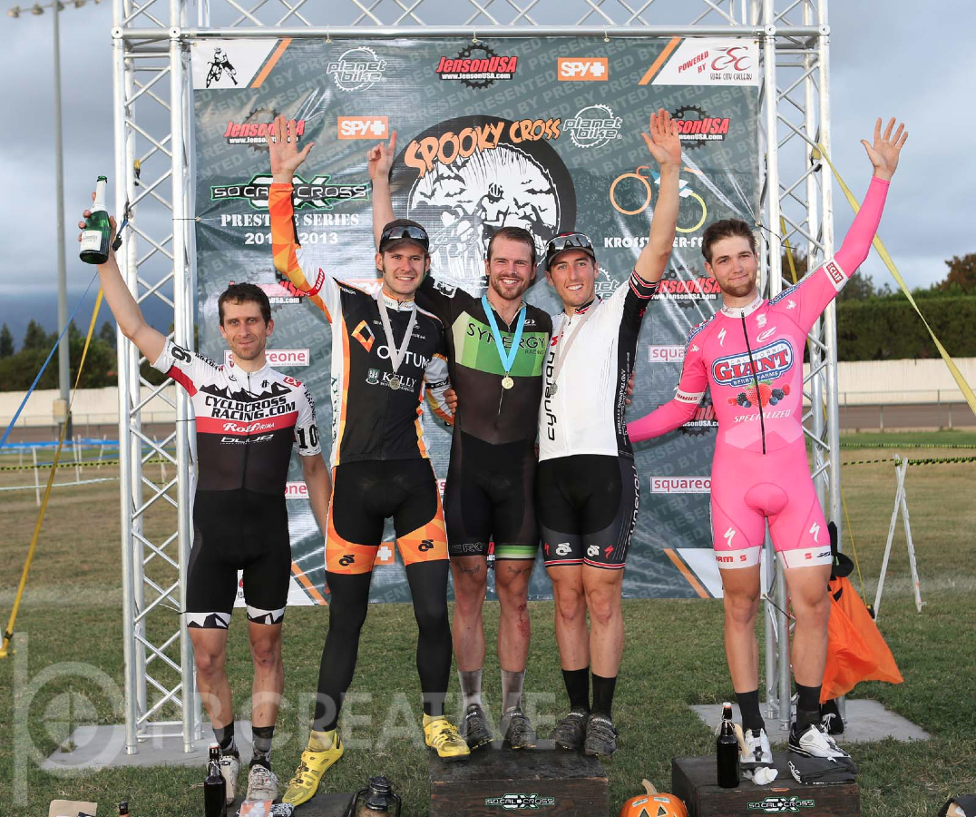 The Krosstober-Fest Elite Men’s podium, from left to right: Kevin Noiles (Cyclocrossracing.com, 5th), Mike Sherer (Optum, 3rd), Mark McConnell (Synergy, 1st), Cory Greenberg (VRC Get Crackin-MS Society, 2nd) and Tobin Ortenblad (Cal Giant, 4th). © Phil Beckman/PB Creative/pbcreative.smugmug.com