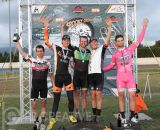 The Krosstober-Fest Elite Men’s podium, from left to right: Kevin Noiles (Cyclocrossracing.com, 5th), Mike Sherer (Optum, 3rd), Mark McConnell (Synergy, 1st), Cory Greenberg (VRC Get Crackin-MS Society, 2nd) and Tobin Ortenblad (Cal Giant, 4th). © Phil Beckman/PB Creative/pbcreative.smugmug.com