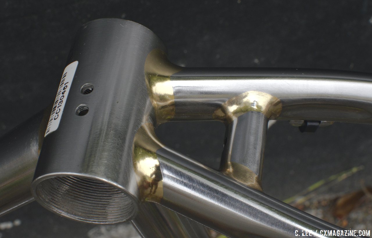 BSA bottom bracket, and nude brass fillet brazing. Soma Fabrications\' stainless steel Triple Cross disc brake cyclocross bike. © Cyclocross Magazine