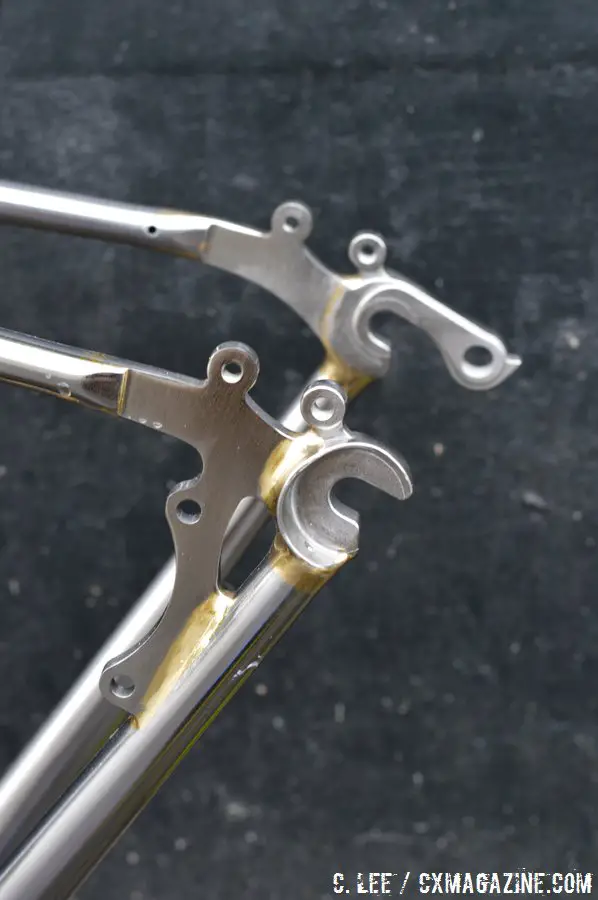 Chainstay-mounted disc brakes, feder and rack mounts. Soma Fab\'s stainless steel Triple Cross disc brake cyclocross bike. © Cyclocross Magazine