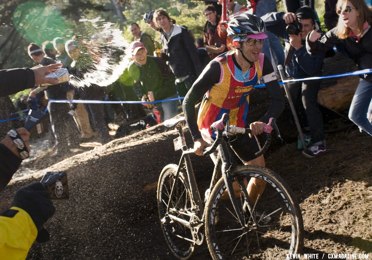 Chris Jones, had a huge lead at the 2011 SSCXWC, couldn\'t avoid the beer spray. © Kevin White