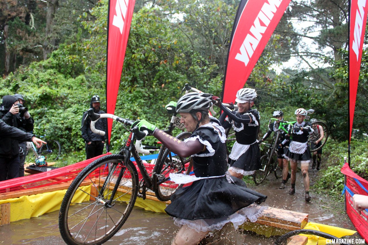 Sacramento\'s Team Beer\'s French Maids test the water of the cespool. SSCXWC 2011 © Cyclocross Magazine