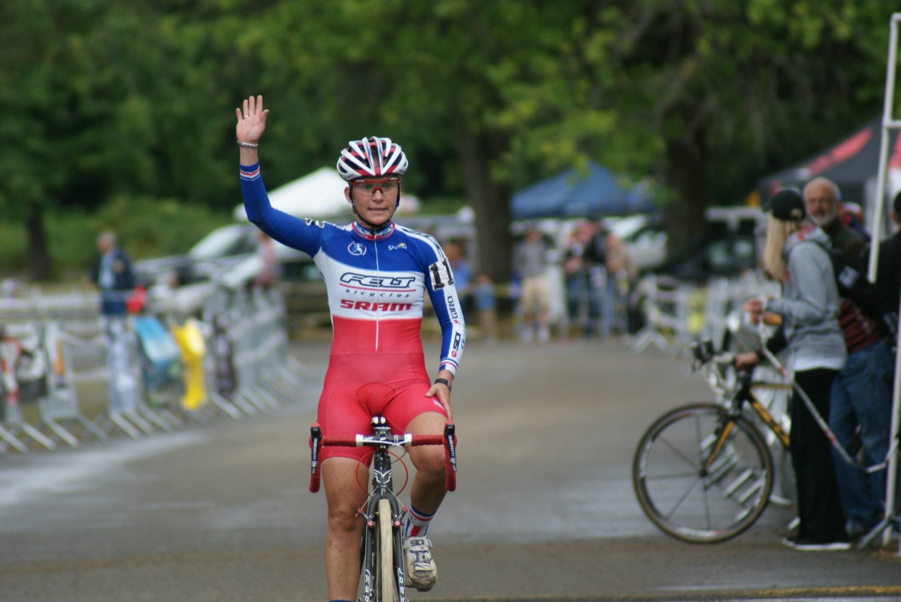 Caroline Mani waves as she finishes a strong ride. © Kenton Berg