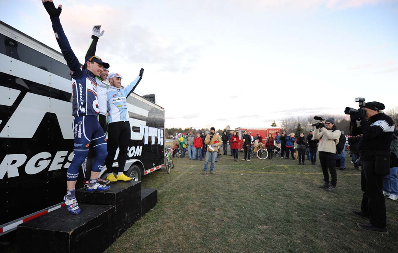 The men’s podium (L to R) – Luke Keough, Powers, Myerson ©Natalia Boltukhova | Pedal Power Photography | 2010