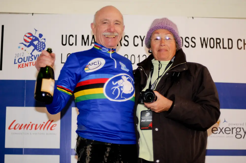 New 75+ World Cyclocross Champion Ron Riley of Bike Station Aptos and his wife celebrate. ©Steve Anderson