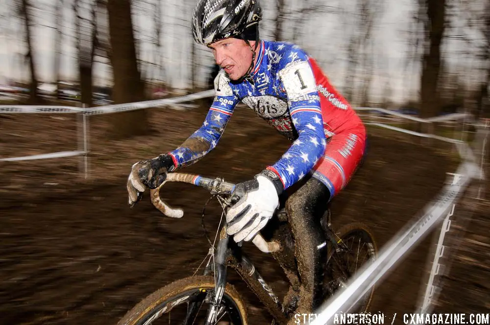 Don Myrah staying focused and calm on his way to the win in the mens 45-49 race. ©Steve Anderson