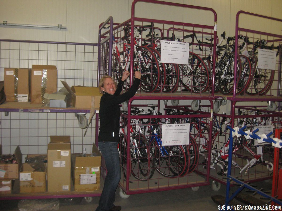 Old Katusha team bikes in \'bike prison\'. I tried to free them © Sue Butler  