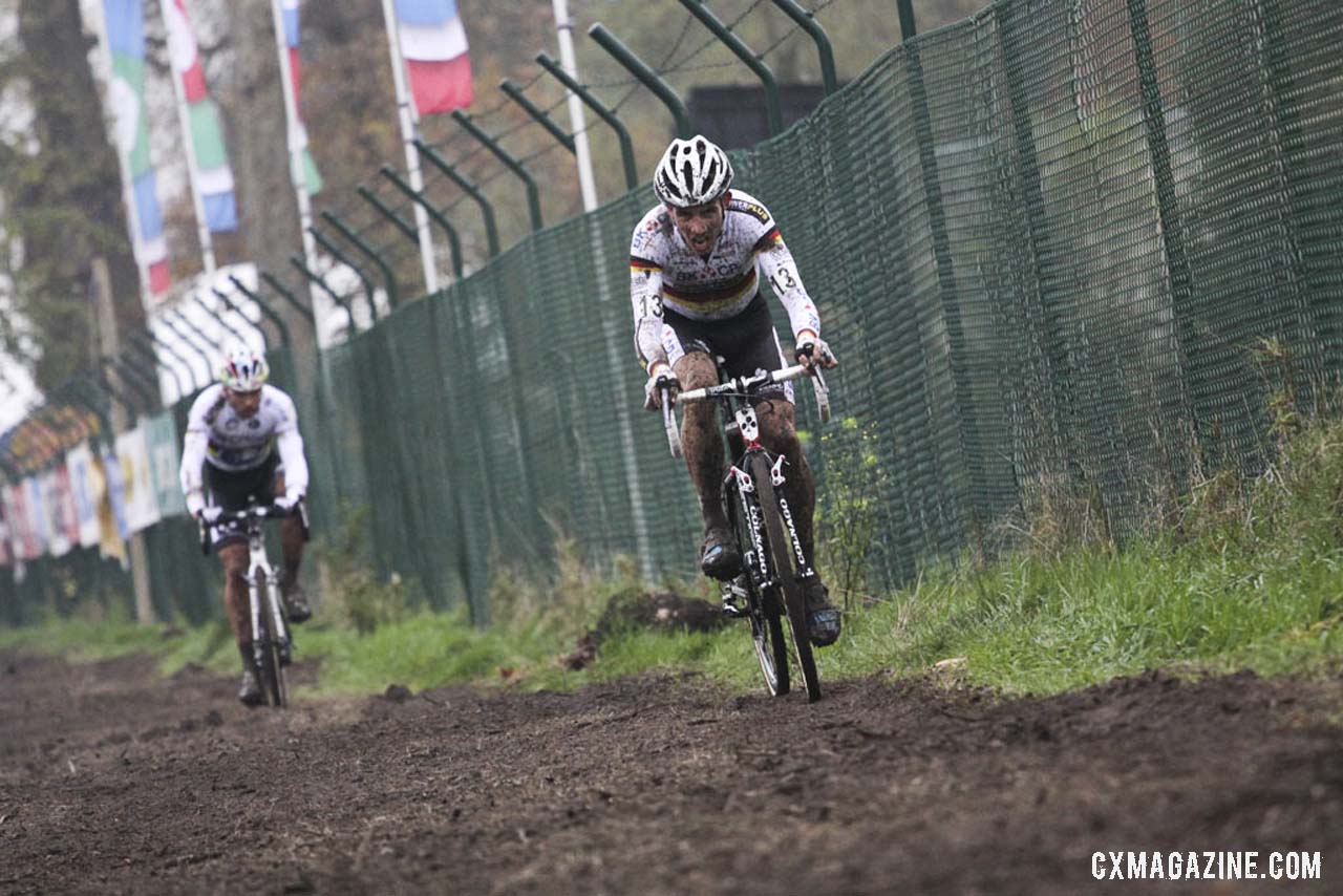 Philipp Walsleben ahead of Sven Nys on the straight away. Â©Â Bart Hazen / Cyclocross Magazine