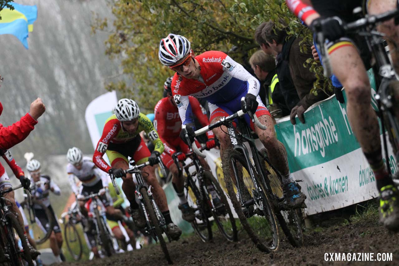 Lars van der Haar (Rabobank), center, negotiating an uphill section of the course. Â© Bart Hazen / Cyclocross Magazine