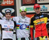 The Elite Men's poduim (L-R): Philipp Walsleben (BKCP-Powerplus), 2nd; Sven Nys (Crelan-KDL), 1st; Klaas Vantornout (Sunweb-Napoleon Games), 3rd. Â© Bart Hazen / Cyclocross Magazine