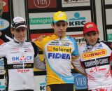 The Men's U23 podium (L-R): Jens Adams (BKCP-Powerplus), 2nd; Wout van Aert (Telenet-Fidea), 1st; Gianni Vermeersch,(Sunweb-Napoleon Games), 3rd. Â© Bart Hazen /  Cyclocross Magazine