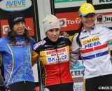 The Elite Women's podium (L-R): Helen Wyman (Kona Factory Team), 2nd; Sanne Cant (Enertherm-BKCP), 1st; Nikki Harris (Telenet-Fidea), 3rd. Â© Bart Hazen / Cyclocross Magazine