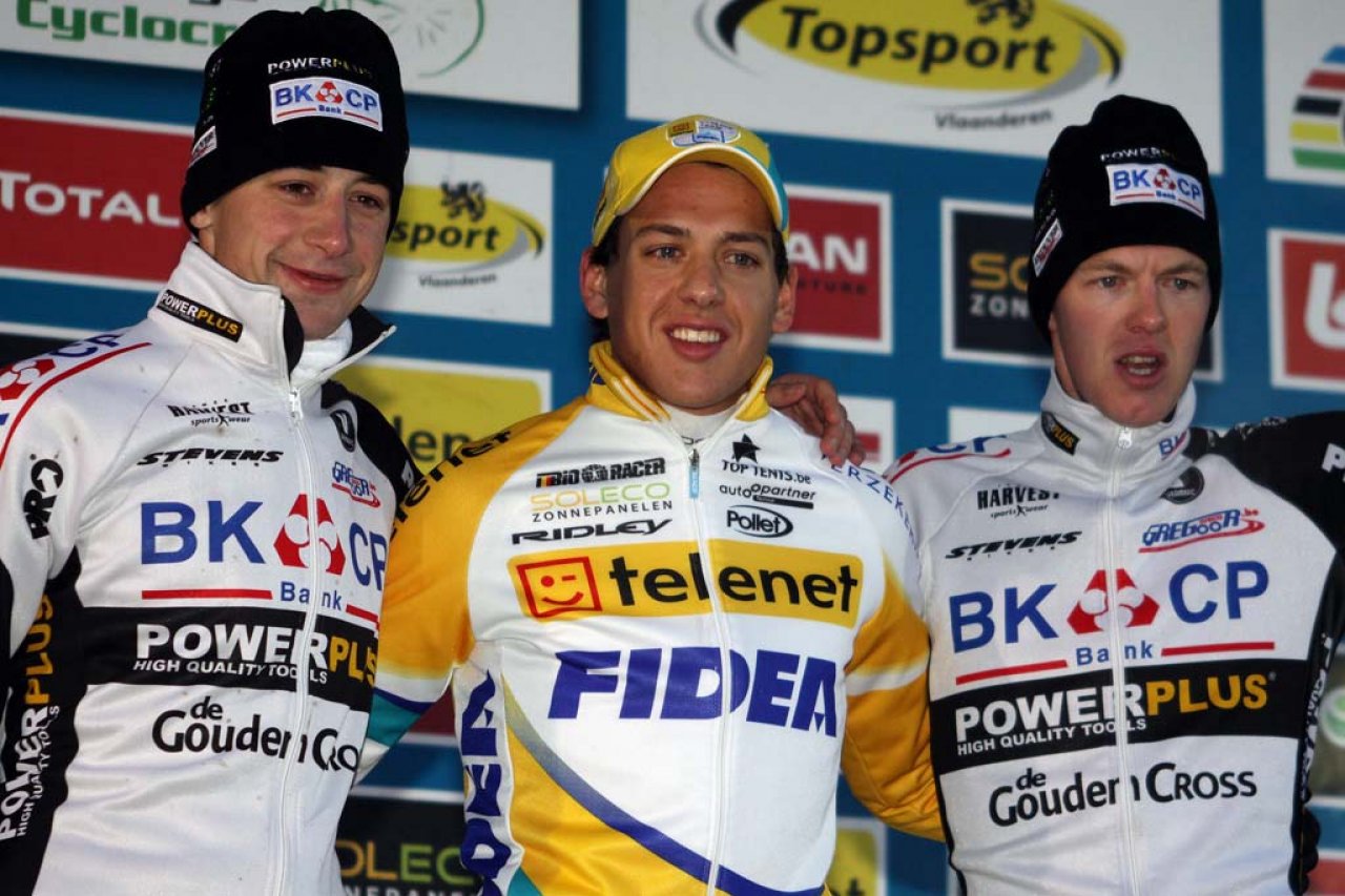 Simunek (l), Meeusen, and Vanthourenhout on the Superprestige podium in Gieten. © Bart Hazen
