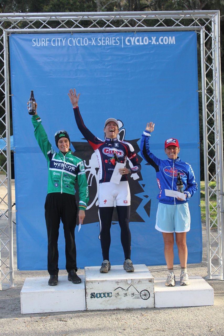 The women\'s podium: 1) Miller 2) Brems 3) Baumsteiger. Surf City Cyclocross Series Finale, Aptos High School, 1/10/10. ? Cyclocross Magazine