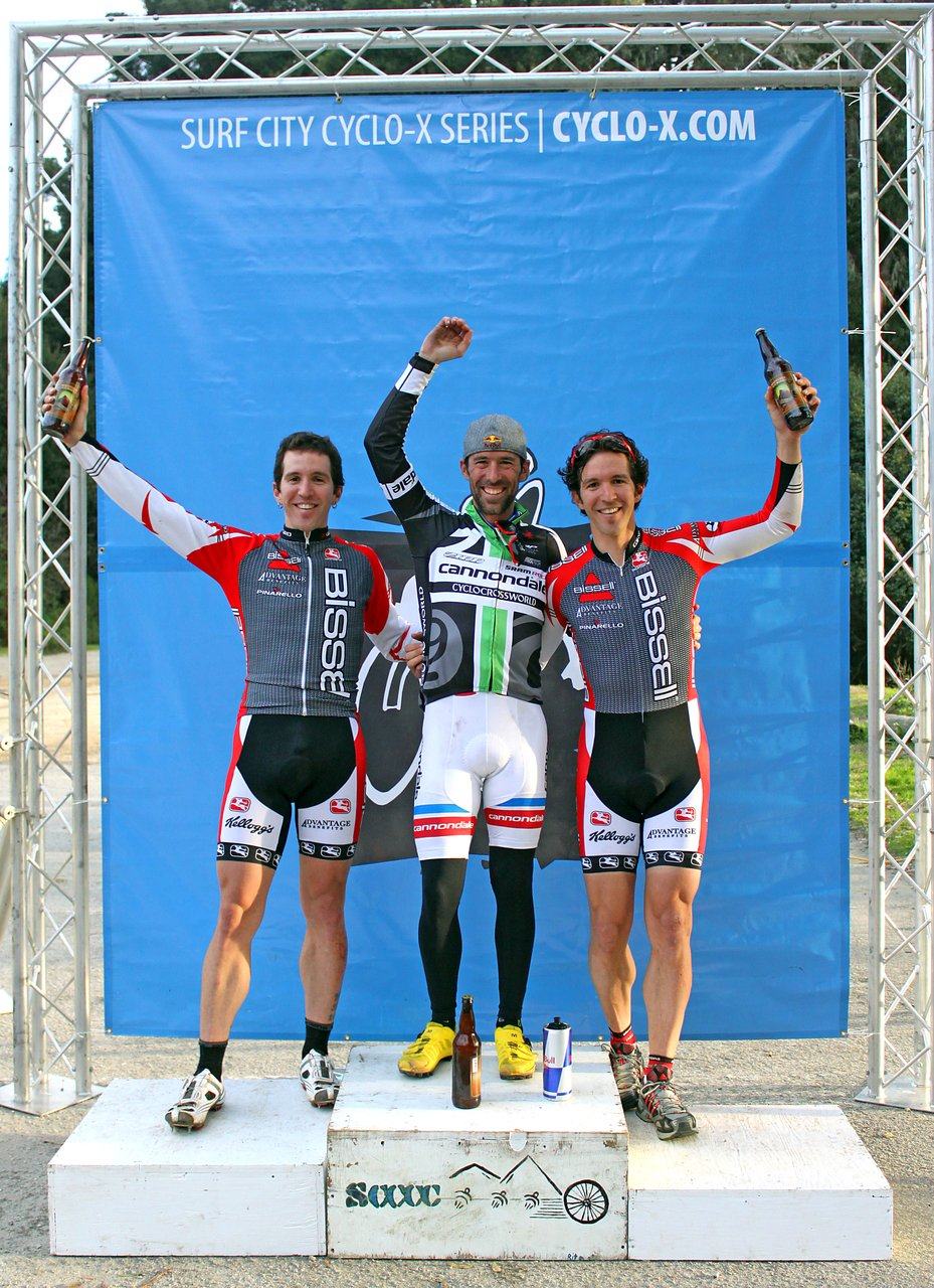 The men\'s podium: Johnson with the Jacques-Maynes twins - Andy in second (left) and Ben in third. Surf City Cyclocross Series Finale, Aptos High School, 1/10/10. ? Cyclocross Magazine