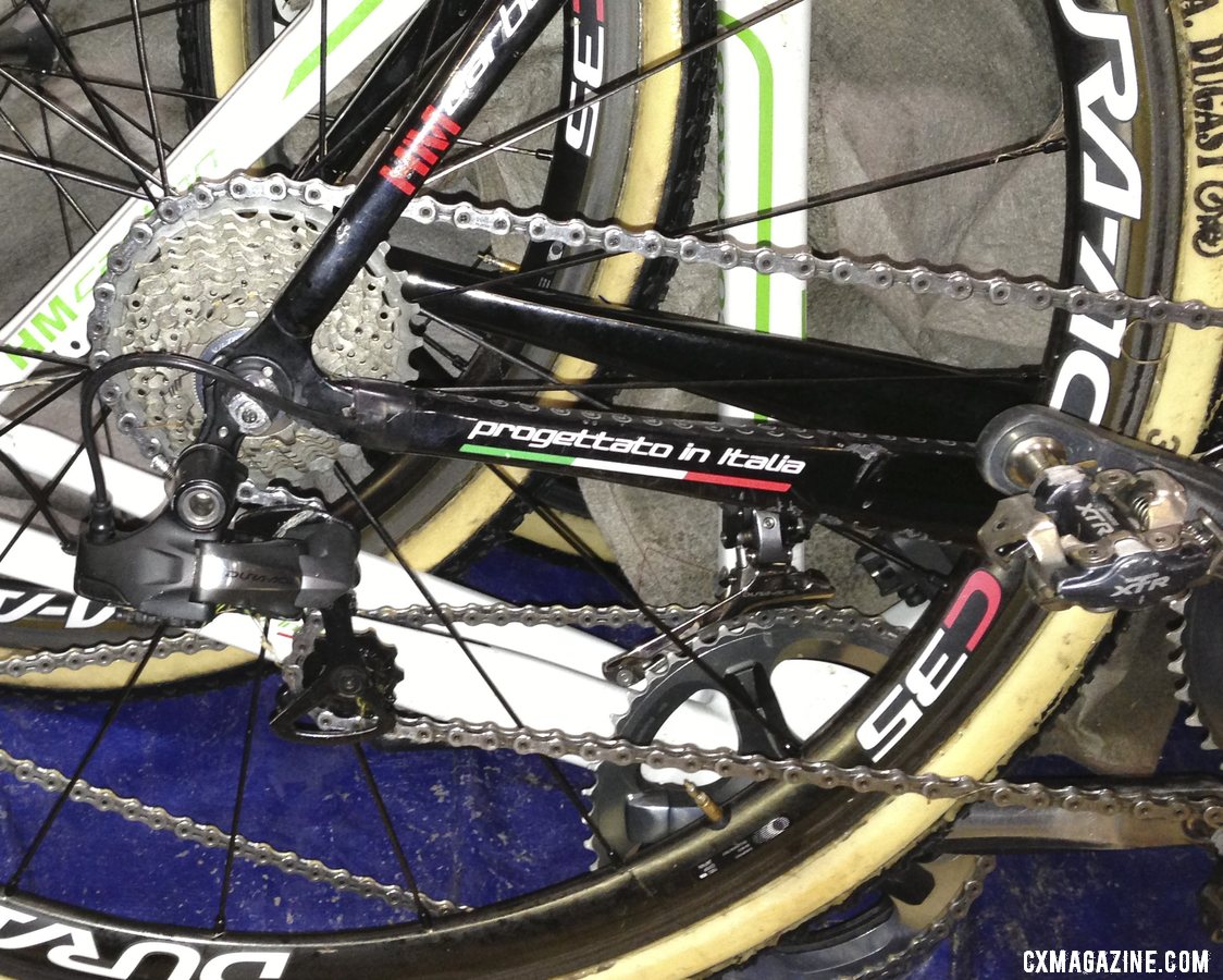 Shimano XTR M970 pedals and a Dura-Ace 7900 crankset with custom 46-38 chainrings.  © Cyclocross Magazine