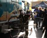 A mechanic works on Nys' Bike. ? Dan Seaton