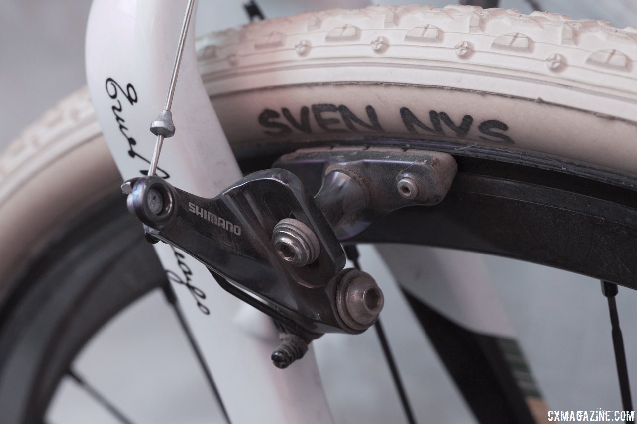 Sven Nys\' winning-Colnago Prestige still features the affordable CX70 cantilevers but also the expensive, Nys special white Dugast Typhoons. Cross Vegas 2013. © Cyclocross Magazine