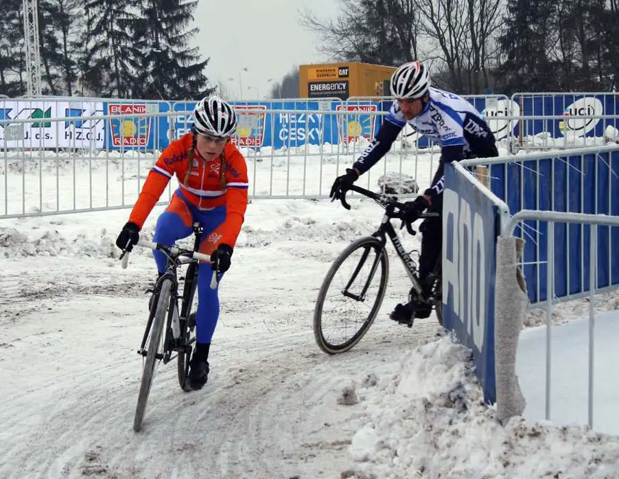 Daphny van den Brand scouts the icy corners with a teammate. 2010 Cyclocross World Championships, Tabor. ? Dan Seaton