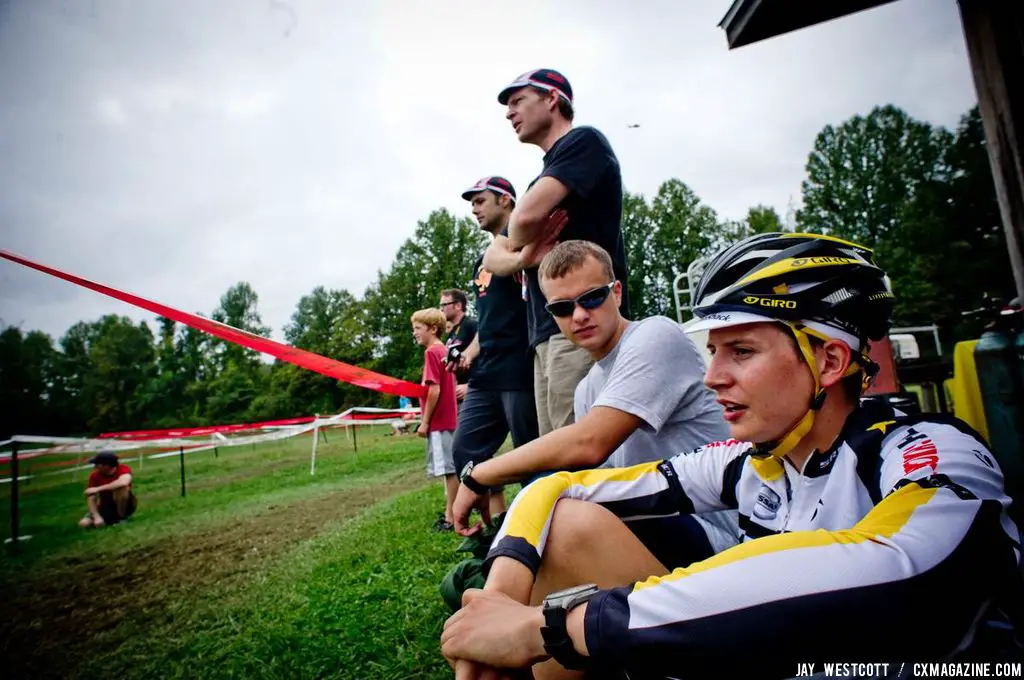 Local resident Joe Dombrowski, fresh off his European road season with Trek-LIVESTRONG, took in some of the action before jumping in the Tacchino CX tandem race later. © Jay Westcott