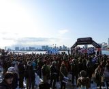 The Men's Elite podium set in front of Tokyo Bay and Rainbow Bridge. Thousands of spectators still turned out to watch Cyclocross Tokyo despite a record setting blizzard the day before and much of Tokyo's highways and mass transit still closed the day after. (Estimated to be about 10,000 fewer spectators than the previous year) at Tokyo Cyclocross. © 辻啓／Kei TSUJI