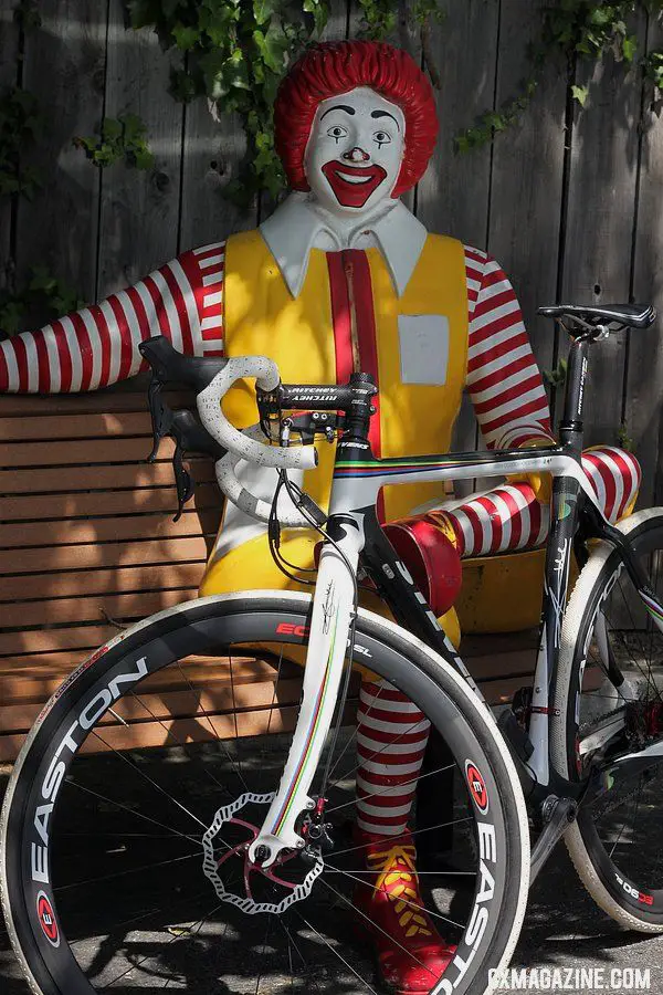 Fast food, fast friends. Ronald McDonald gets friendly with the TRP Brakes Parabox disc brake system. © Cyclocross Magazine