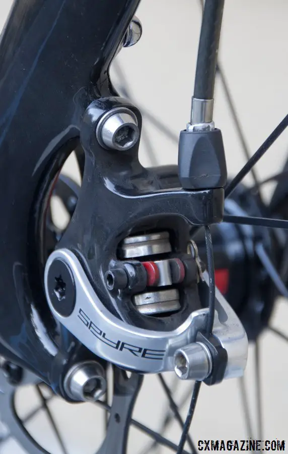 A barrel adjuster allows for easy adjustments to accomodate pad wear on the TRP Brakes\' Spyre Mechanical Disc Brake. © Cyclocross Magazine