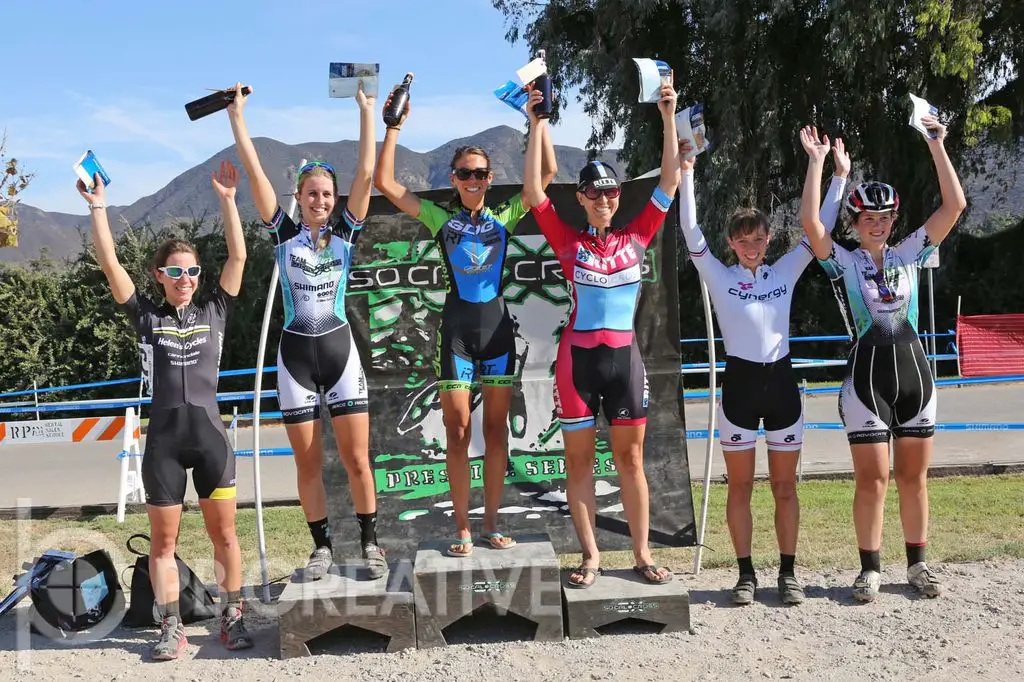 The Women’s A podium, left to right: Emily Georgeson (Helens, 4th), Alexis Ryan (TEAM SoCalCross, 2nd), Carolin Shiff (SDG, 1st), Amanda Schaper (Ritte CX Team, 3rd), Hannah Rae Finchamp (Cynergy, 5th) and Rebecca Siegel (TEAM SoCalCross, 6th). © Phil Beckman/PB Creative (pbcreative.smugmug.com)