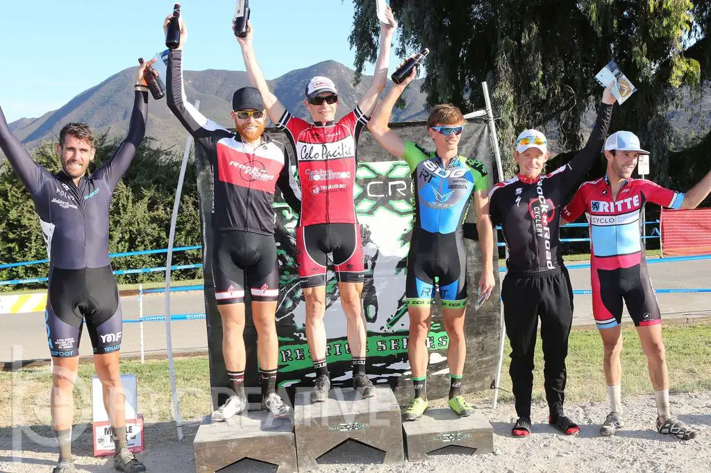 The Men’s A podium, left to right: Ty Hathaway (Mudfoot, 6th), Brandon Gritters (Rock n’ Road, 2nd), Brent Prenzlow (Celo Pacific, 1st), Anton Petrov (SDG/Felt p/b IRT, 3rd), Kyle Gritters (Rock n’ Road, 4th) and Gareth Feldstein (Ritte CX Team, 5th). © Phil Beckman/PB Creative (pbcreative.smugmug.com)