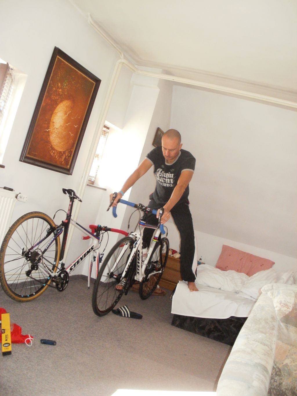 Jonas testing the bikes in the studio.© Christine Vardaros