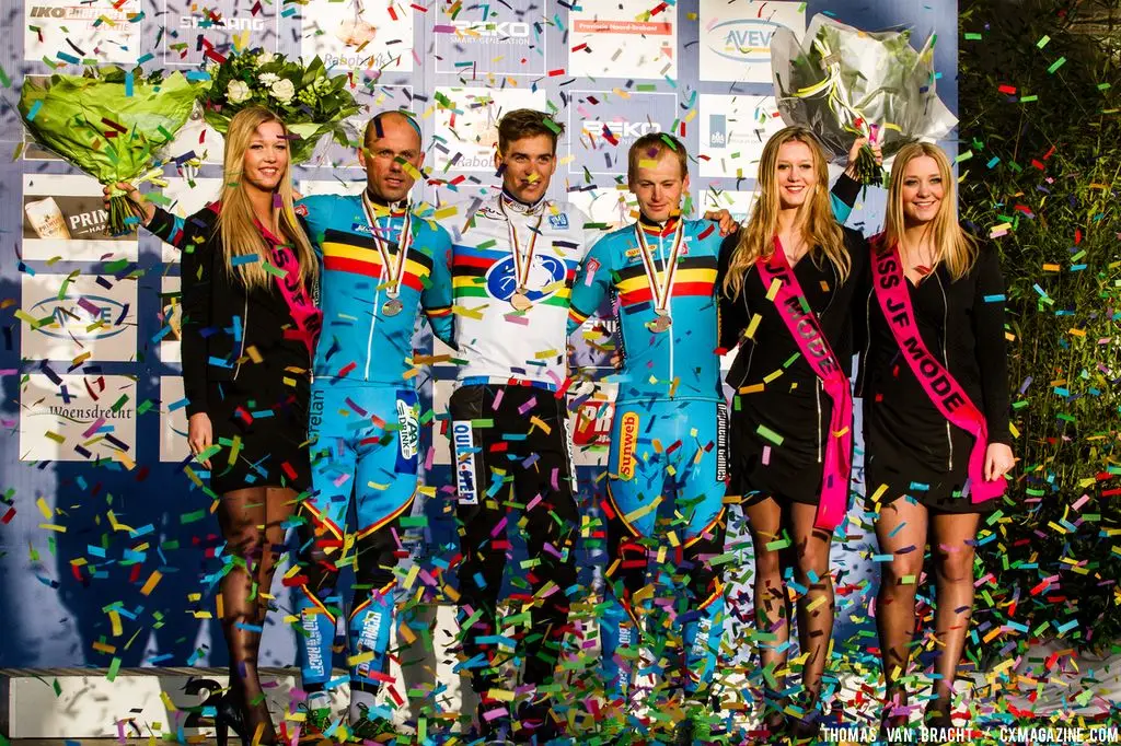 The podium, L to R: Nys, Stybar, Pauwels at the UCI World Championships of Cyclocross. © Thomas Van Bracht