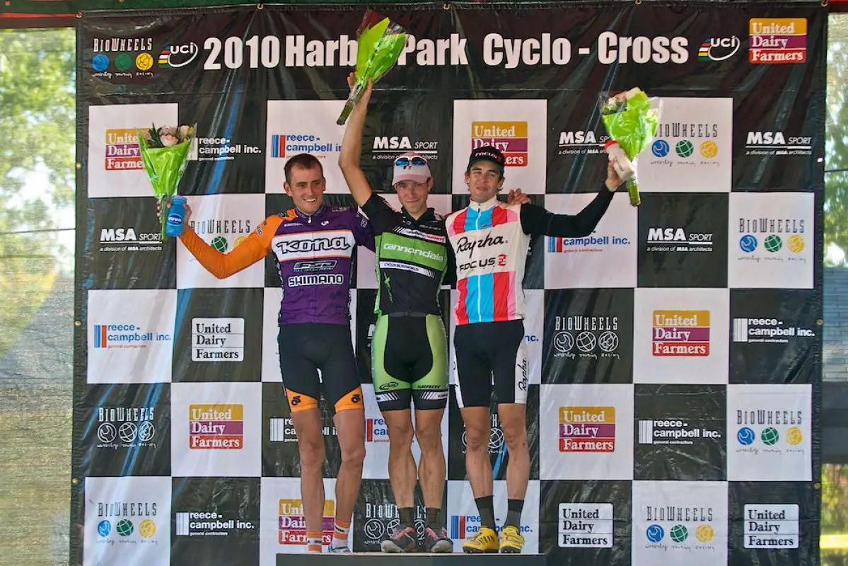 2010 UCI3 Harbin Park International Men’s Podium: 1st Jeremy Powers (c), 2nd Ryan Trebon (l), 3rd Chris Jones (r) © 2010 Jeffrey B. Jakucyk