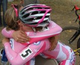 Teal Stetson-Lee gives her teammate Meredith Miller a hug for her successful race © Amy Dykema 