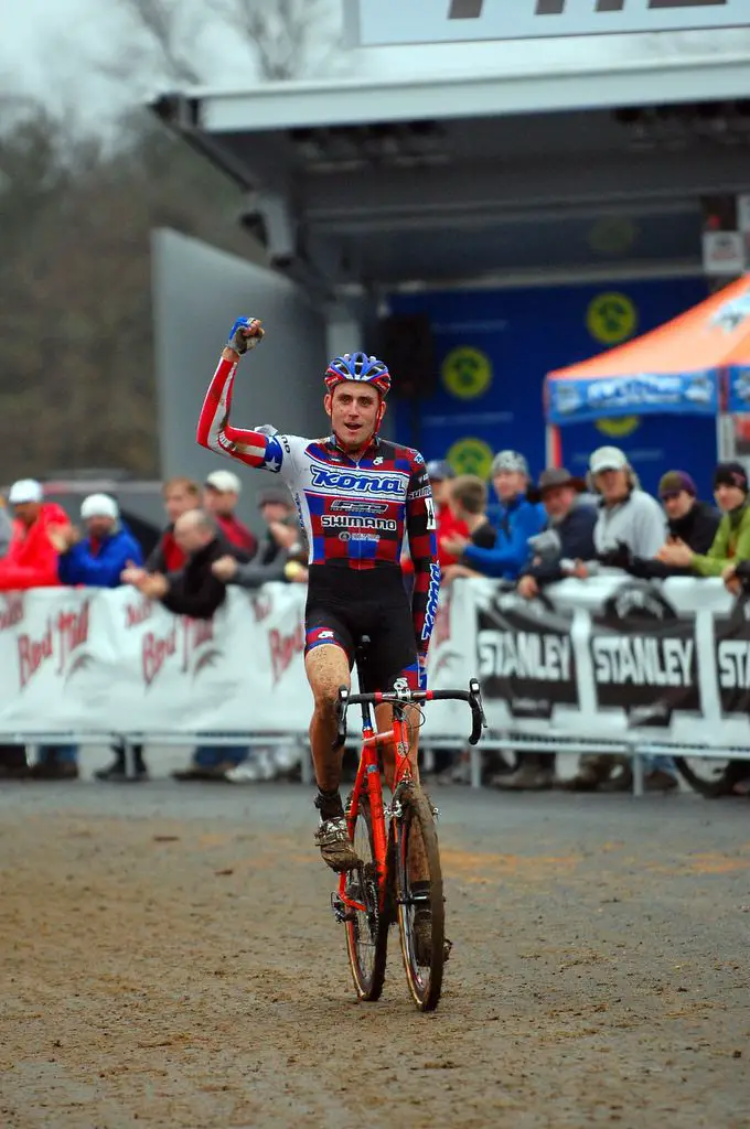 Trebon takes the Mercer Cup Day 1 win and the Leader's jersey.  Do they have an extra tall size ready? ? Tom Olesnevich