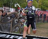 Johnson leading teammate Driscoll over the barriers at the PlanetBike Cup. © Amy Dykema