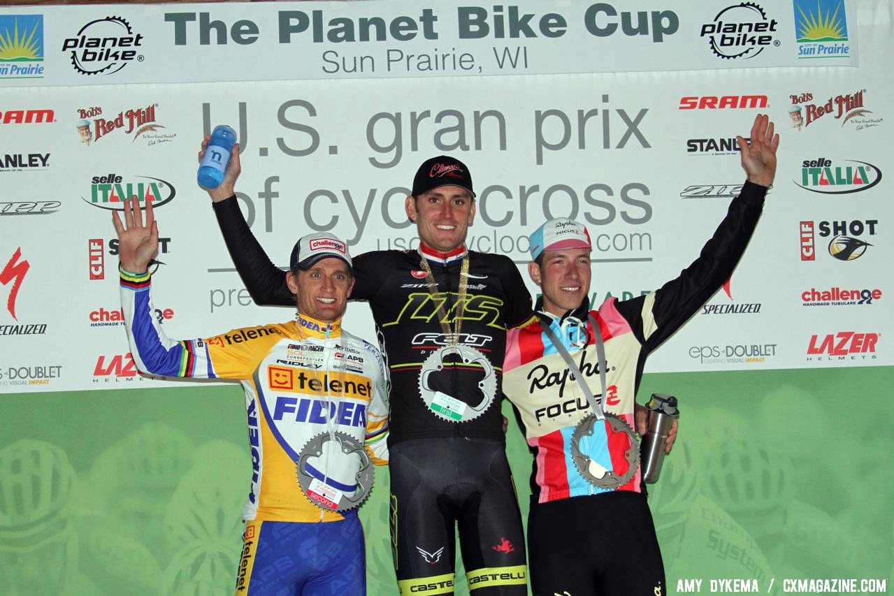 Trebon towers over Wellens (2nd, left) and Powers. 2011 USGP Planet Bike Cup, Sun Prairie. © Amy Dykema