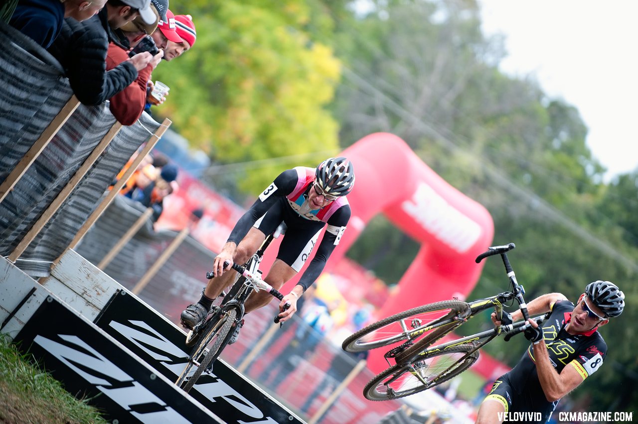 Two different approaches to the barriers by Powers and Trebon. 2011 USGP Planet Bike Cup Day 1. © VeloVivid Cycling Photography