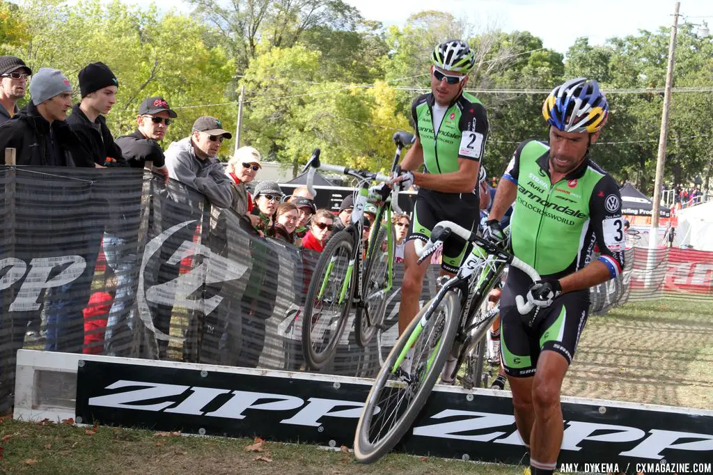 Tim Johnson and Ryan Trebon through the barriers. © Amy Dykema