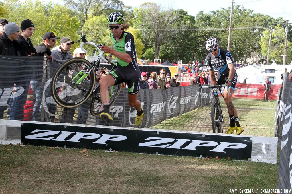 Driscoll flying over the barrier with Barden in pursuit. © Amy Dykema