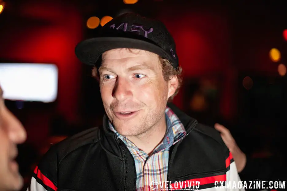 Raleigh Team manager Jonny Sundt reacts to news that weatehr on Days 2 and 3 of the Cincy3 Cyclocross Festival will be dry and fast. © VeloVivid Photography