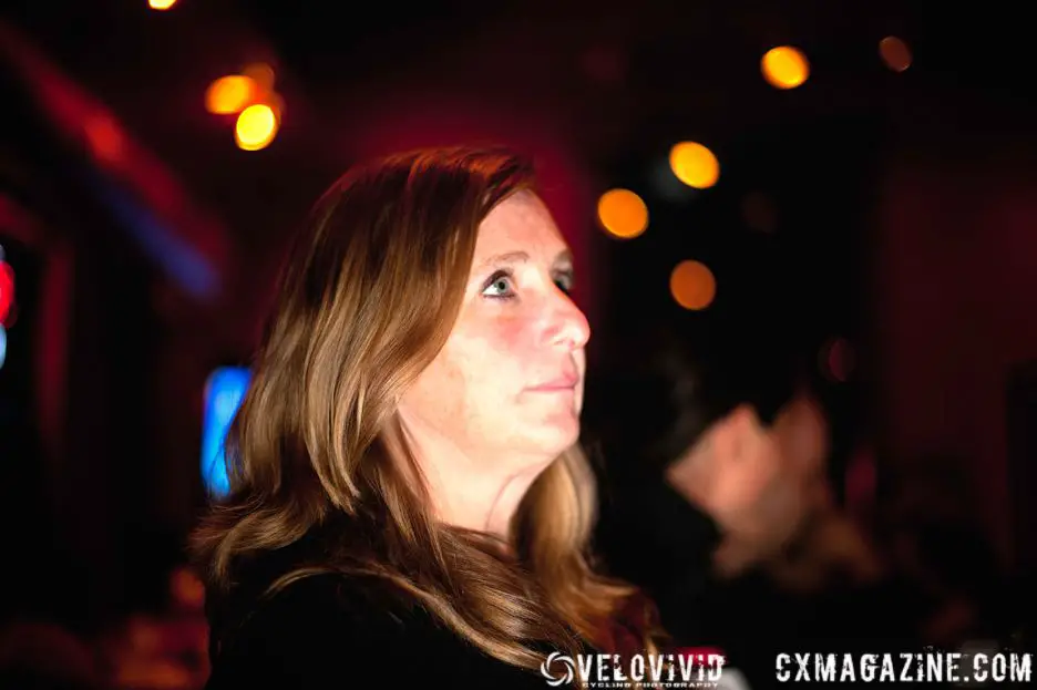 Lousiville based Rogue Racing Project member Sherri Thompson listening to Cincy3 Single Speed Cyclocross winner Craig Etheridge (Raleigh). © VeloVivid Photography