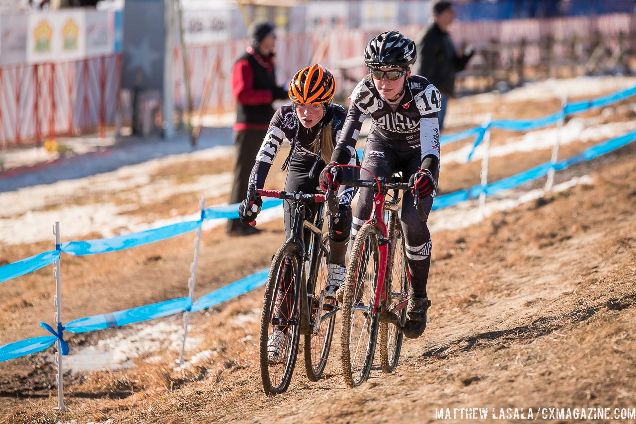 Cheyenne Comer and Aunika Miranda in the Women\'s 13-14 USA Cycling National Championship race. © Matt Lasala