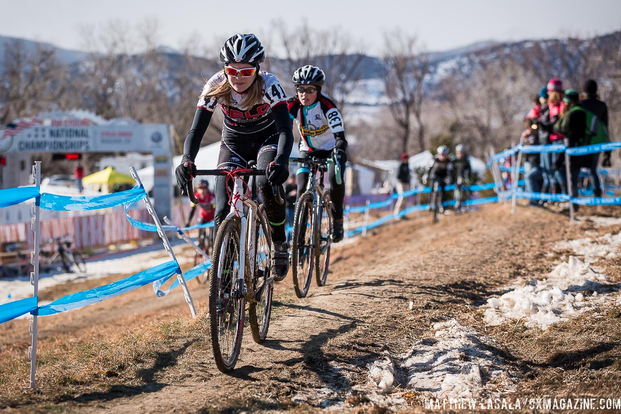 Kylyn Mcdonald and Hannah Linder in the Women\'s 13-14 USA Cycling National Championship race. © Matt Lasala