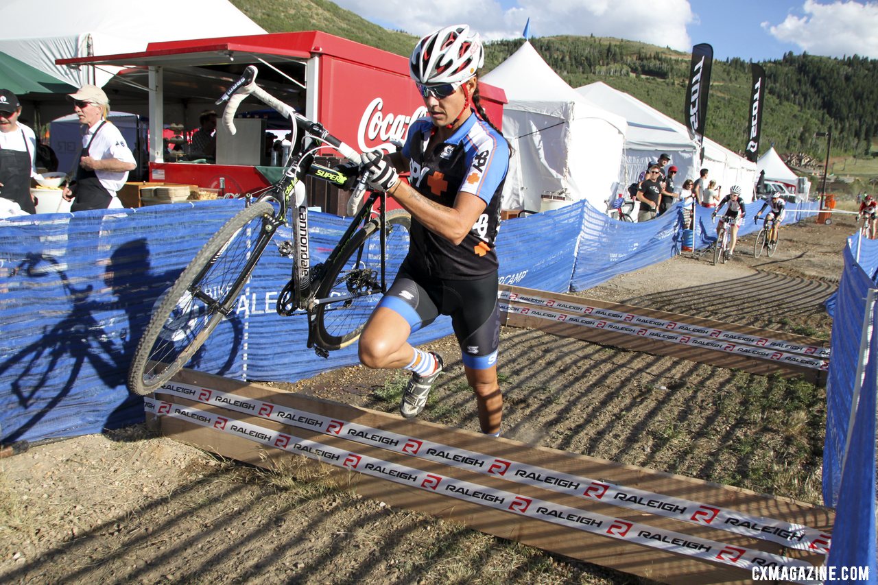 Duke rockets over the barriers. Women\'s 2012 Raleigh Midsummer Night Cyclocross Race. @Cyclocross Magazine