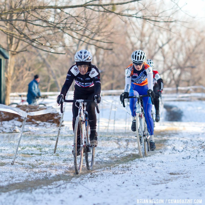 Diane Ostenso (Trek Midwest Team) and Jane Geisse (Spin) in the frigid first race of the day.  Â©Brian Nelson